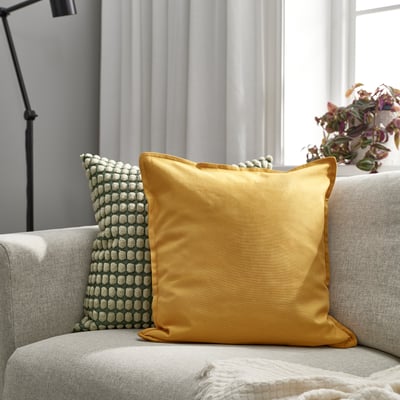 Square yellow cotton GURLI cushion cover with zipper.