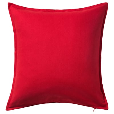 A GURLI red square throw pillow with a zipper, made from sustainable cotton.