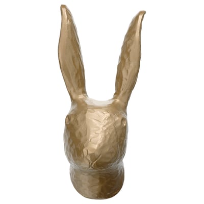 Gold rabbit head wall decor, artistic & playful, metal, 3d shape, modern design.