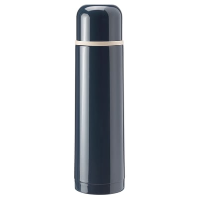 Halsa dark blue thermos, glossy finish, stainless steel with plastic lid, slim cylindrical shape.