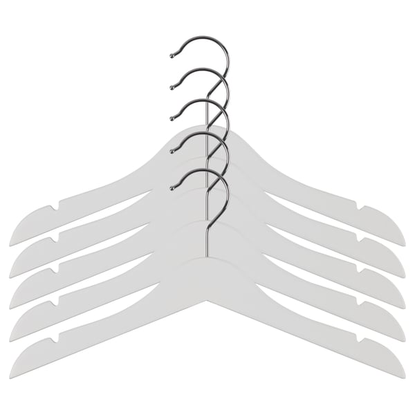 Five gray plastic hangers with chrome hooks, neatly arranged in a row against a white background. Designed for childrens clothes.