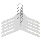 Five gray plastic hangers with chrome hooks, neatly arranged in a row against a white background. Designed for childrens clothes.