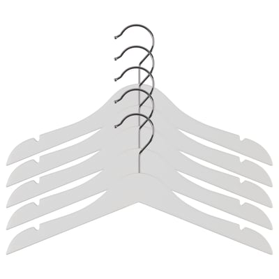 Five gray plastic hangers with chrome hooks, neatly arranged in a row against a white background. Designed for childrens clothes.