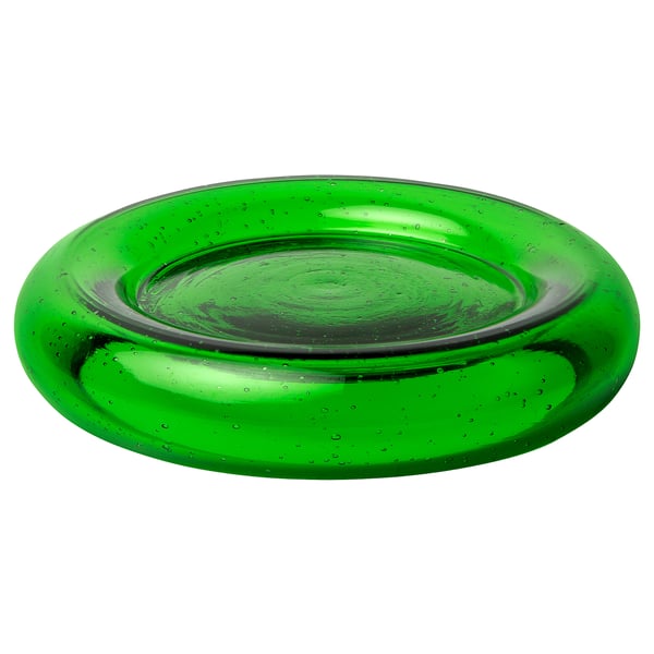 Bright green recycled glass candle holder, round, bubbled design.
