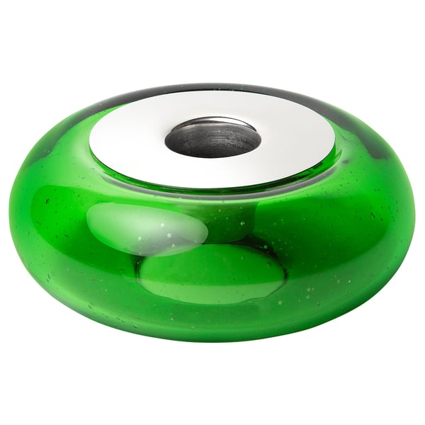 Green recycled glass candlestick holder with white interior & steel cup, handcrafted, bubbly texture.