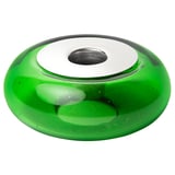 Green recycled glass candlestick holder with white interior & steel cup, handcrafted, bubbly texture.