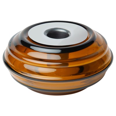 HÄNGBJÖRK: amber-brown recycled glass candlestick holder, round shape, with a simple yet charming bubble design and stainless steel candle cup.