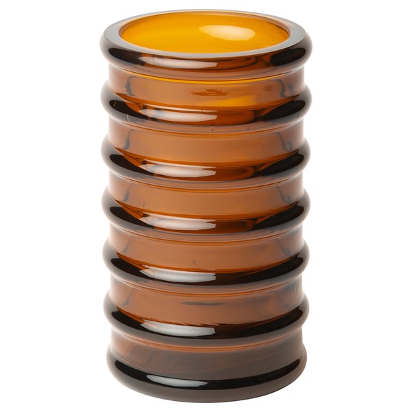 A brown, recycled glass vase named HÄNGBJÖRK, with a spiral design and handcrafted details.