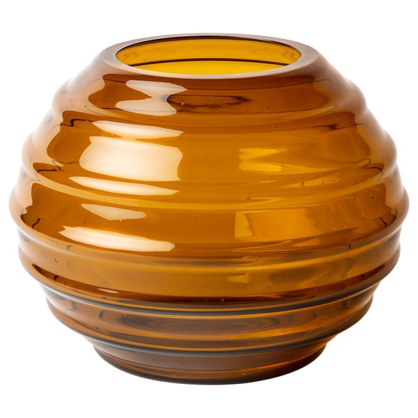HÄNGBJÖRK vase, brown, recycled glass, rounded shape, swirl design.