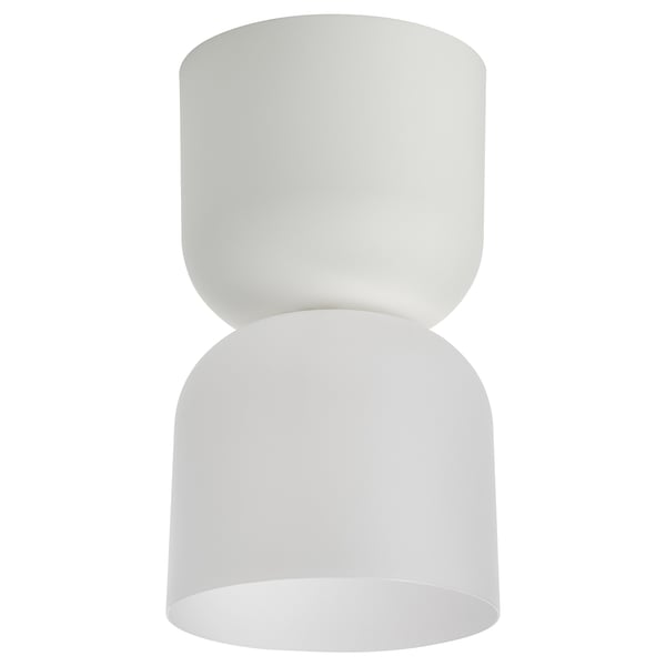 White modern ceiling lamp, cylindrical shape, sleek design, made from recycled polycarbonate and polypropylene plastic.