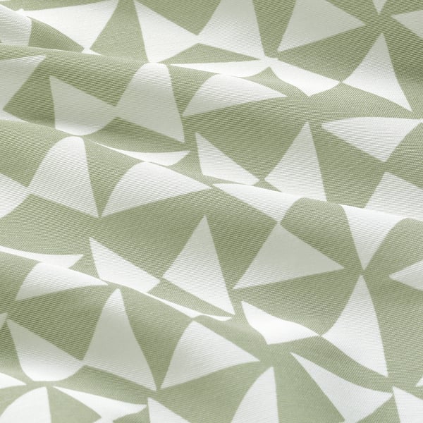Green-white geometric curtains, intricate triangle pattern, soft texture, rigid construction.