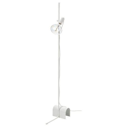 A white HÅRSLINGA floor lamp with a spherical led bulb, adjustable arm, and tripod base.