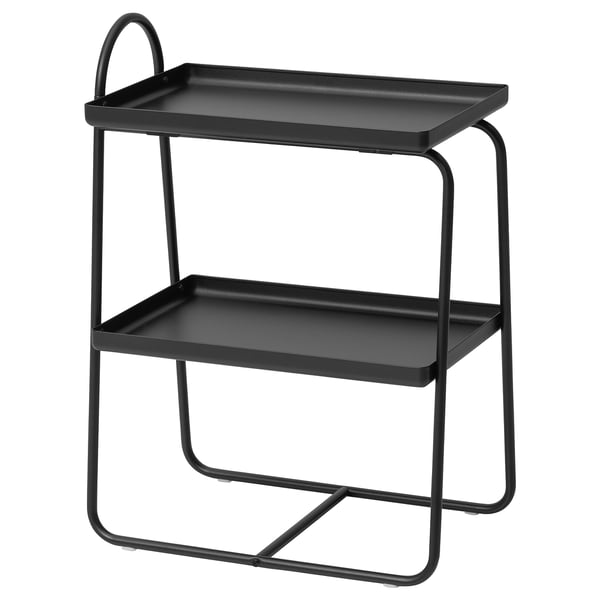 A black, two-tiered HATTÅSEN utility table with a metal frame and high edges for stability. It a handle for easy movement.