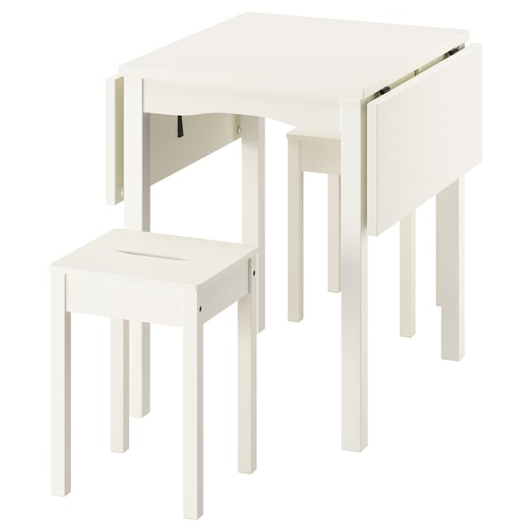 Compact white HAUGA drop-leaf dining set with stool. Space-saving design, sturdy wood construction.