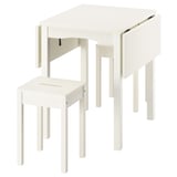 Compact white HAUGA drop-leaf dining set with stool. Space-saving design, sturdy wood construction.