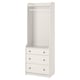 Option: A white HAUGA wardrobe with a hanging rod and three drawers. It has a simple, modern design ideal for various rooms.