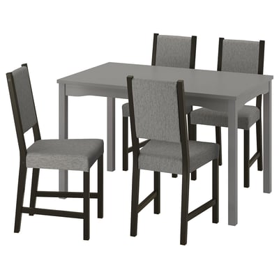 A HAUGA dining set with a grey table and grey upholstered chairs with black frames.