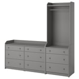 This image shows HAUGA gray furniture with 6 drawers and an open wardrobe, modern design.