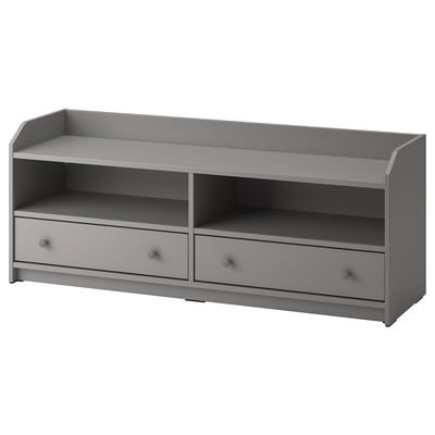 This image shows a grey HAUGA tv bench with two drawers and open shelves, designed for home use.