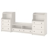HAUGA white storage set: 2 chests, 1 bench. Modern design with drawers and shelves.