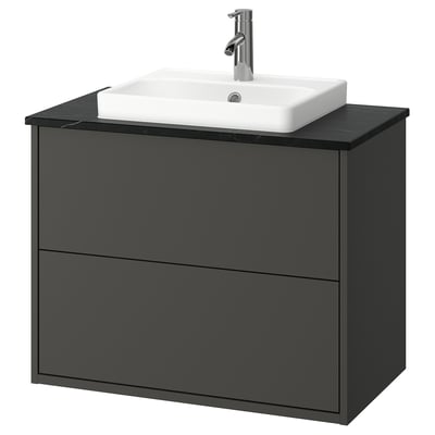 HAVBÄCK dark grey bathroom vanity, rectangular sink, sleek modern design.