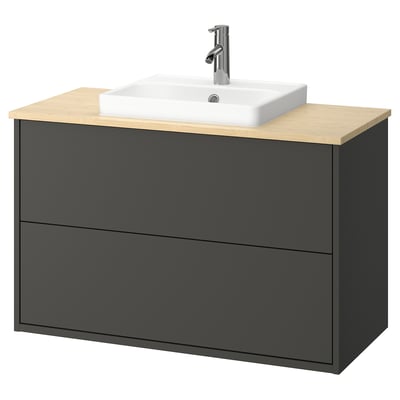 The HAVBÄCK vanity in dark grey with a light wood countertop and white sink.