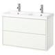 Modern white double sink vanity, wall-mounted with two drawers, sleek design.