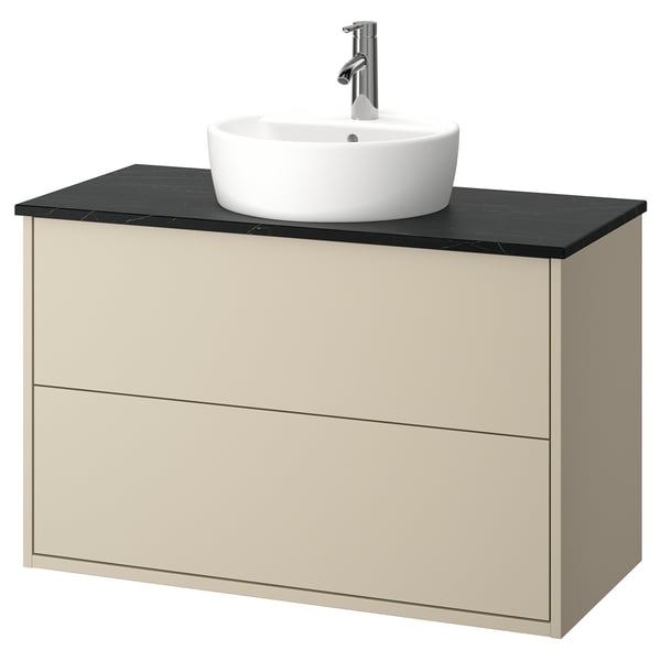 Modern light beige bathroom vanity, wall-mounted with rounded sink and chrome faucet.