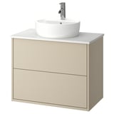 HAVBÄCK beige wall-mount bathroom cabinet, round white sink, modern minimalist design.