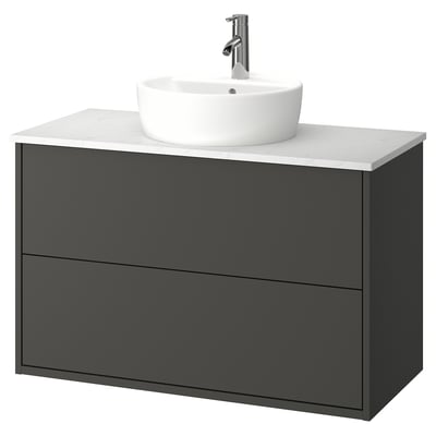 HAVBÄCK bathroom vanity, dark grey, ceramic bowl sink, two drawers.