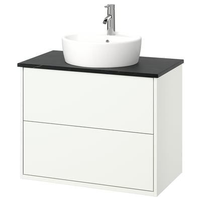 HAVBÄCK white wall-mount sink cabinet, round basin, modern design.