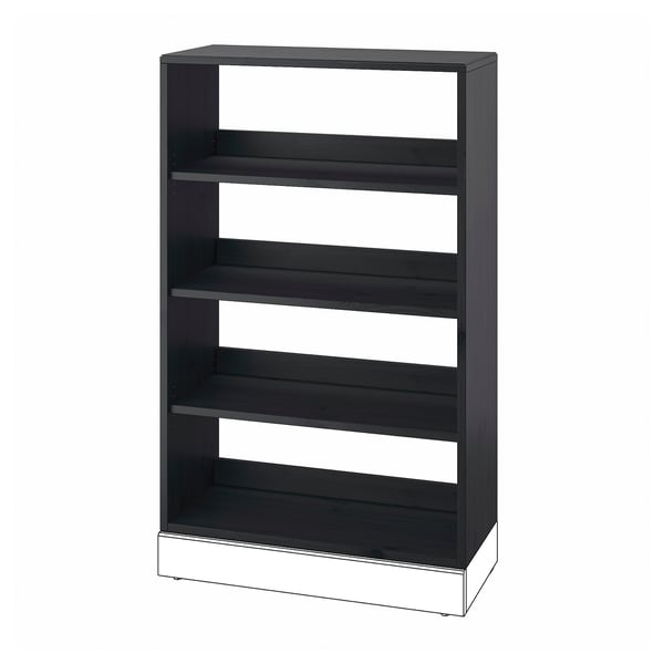 Black wooden bookcase, four open shelves, sturdy build, rustic charm.