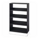 Option: Black wooden bookcase, four open shelves, sturdy build, rustic charm.