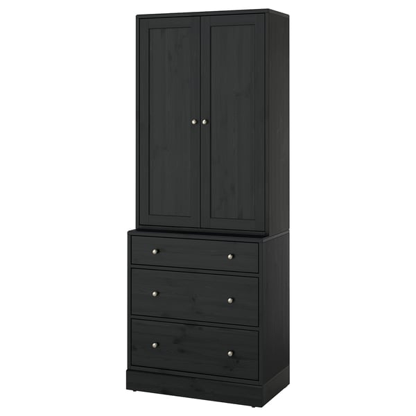 Black HAVSTA furniture: tall cabinet and 3-drawer chest, modern pine & fiberboard design.
