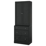 Black HAVSTA furniture: tall cabinet and 3-drawer chest, modern pine & fiberboard design.