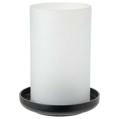 HEDERVÄRD black candlestick, frosted glass, cylindrical shape, rustic vintage design.