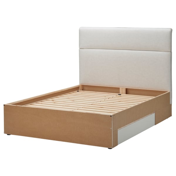 Modern grey bed with wooden base.