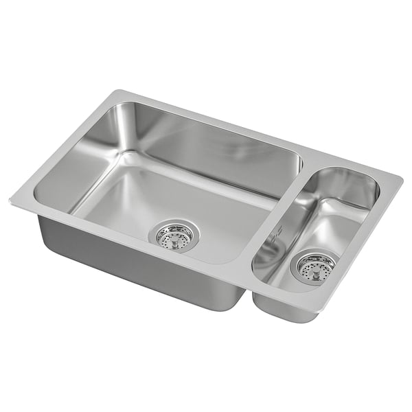 Stainless steel double-basin kitchen sink, rectangular, with drain strainers.