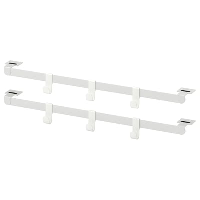 Two grey metal rails with white plastic hooks, designed for organizing and hanging items.