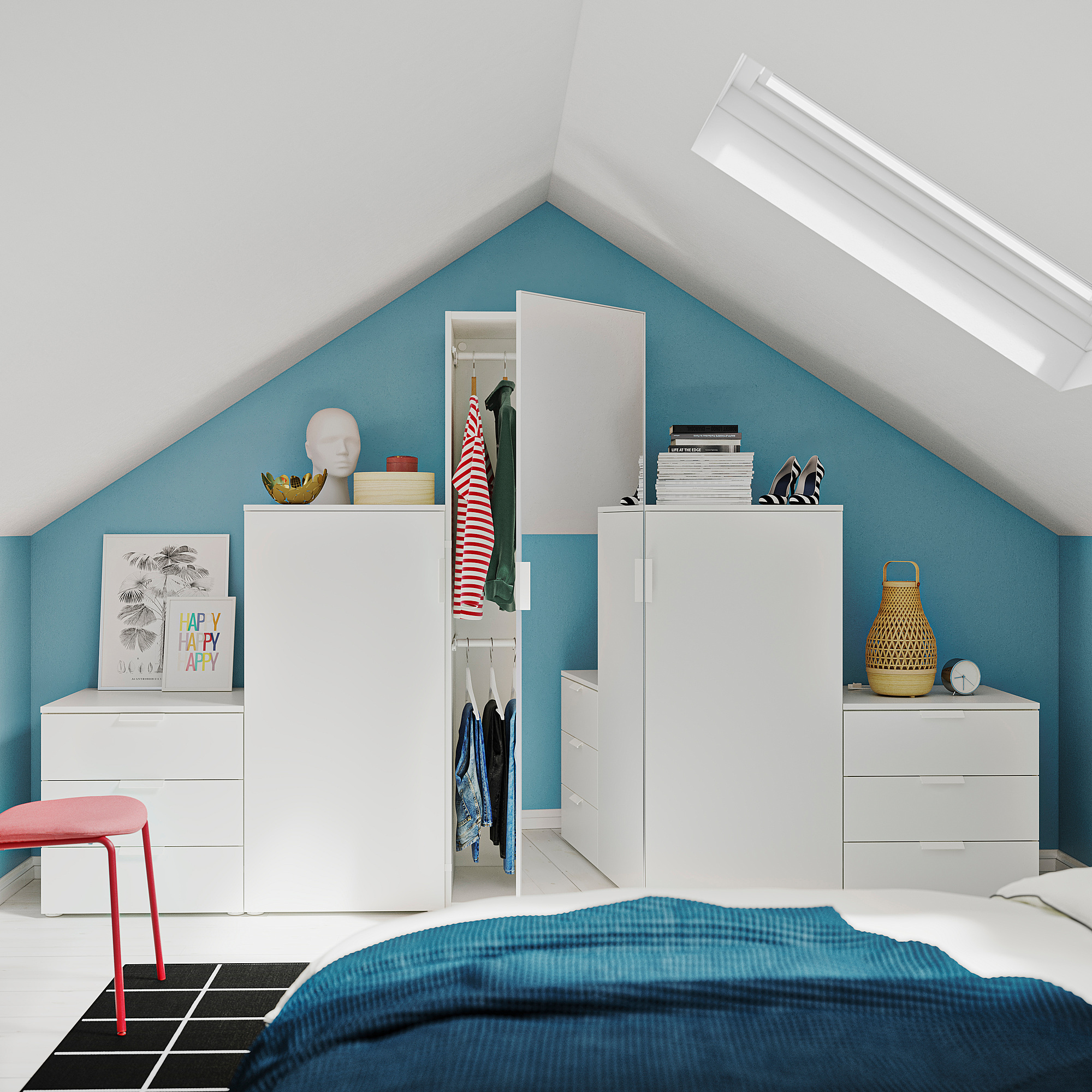 Modern attic bedroom with blue walls, white furniture, red stool, and a bed with blue blanket.