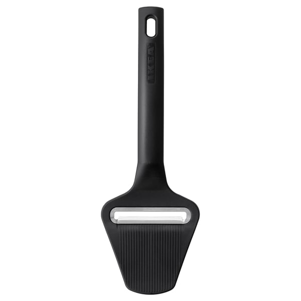 This image shows a black cheese slicer with a stainless steel blade, designed for easy use and cleaning.