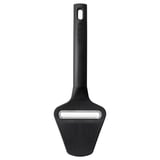 This image shows a black cheese slicer with a stainless steel blade, designed for easy use and cleaning.