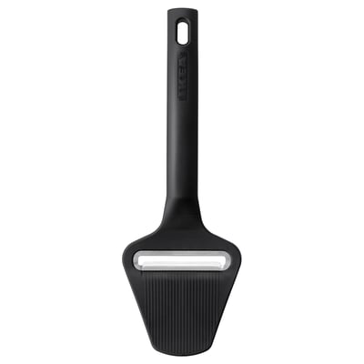 This image shows a black cheese slicer with a stainless steel blade, designed for easy use and cleaning.