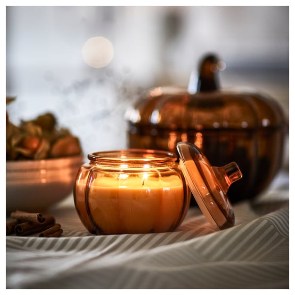 HÖSTAGILLE Scented candle in glass, 2 wicks, Spiced pumpkin/brown, 40 hr
