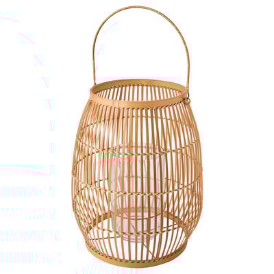 HÖVISK bamboo lantern, natural. Handwoven with a handle, holding a glass candle holder.