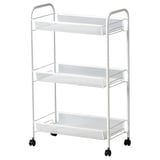 White 3-tier metal storage cart, rolling on black wheels, sleek and modern design, ideal for bathroom organization.