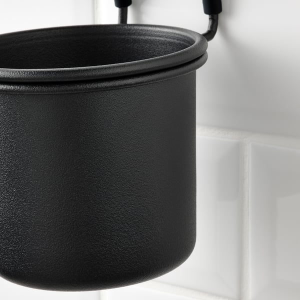 Modern hanging black metal container, high quality finish, part of ikeas HULTARP series.