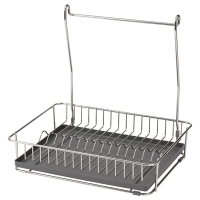 Silver chrome hanging dish drainer with removable gray tray.