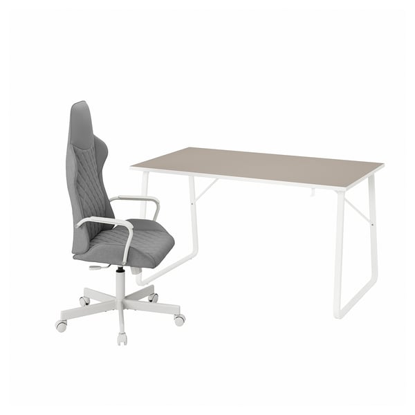 Grey gaming chair & white desk. Modern design. Adjustable chair with headphone hook.
