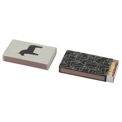 HYLTA matches: one box with black dala horse, other with black-white folk art.